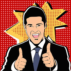 成功的商人放弃在老式的波普艺术漫画风格的拇指。喜欢和正面的感觉。好的姿态,同意和微笑,手指协议,矢量图
