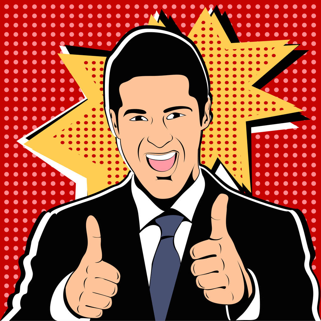 成功的商人放弃在老式的波普艺术漫画风格的拇指。喜欢和正面的感觉。好的姿态,同意和微笑,手指协议,矢量图 成功的商人放弃在老式的波普艺术漫画风格的拇指。喜欢和正面的感觉。好的姿态,同意和微笑,手指协议,矢量图