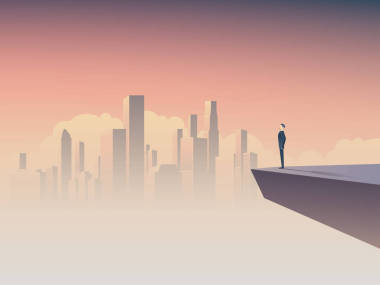 商人看城市景觀矢量的概念。企業(yè)愿景、 動(dòng)機(jī)、 成功的象