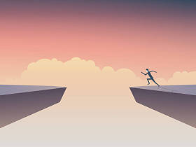 要跳过差距二峭壁之间的商人。业务风险、 勇气、 决心、 动机的象