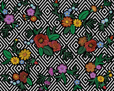 與狗玫瑰刺繡多彩花紋和忘記我不花。矢量傳統(tǒng)民俗時尚裝飾品上黑色無縫背景