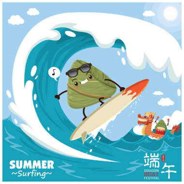 中國古代餃子卡通人物.龍舟節(jié)圖例。（標題：端午節(jié)，五月五日）)
