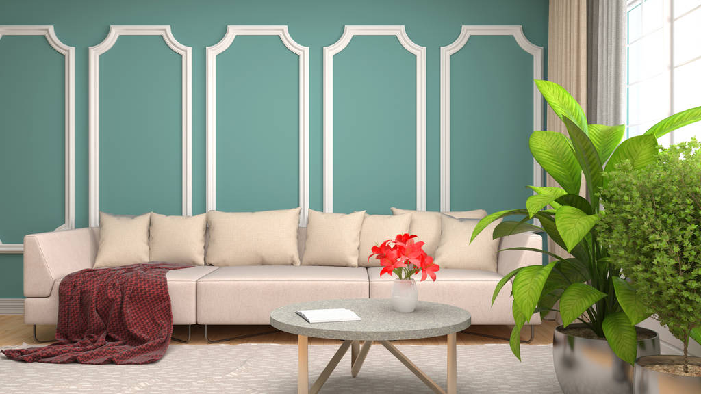 内政部与沙发。3d 图