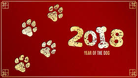 2018 年是地球的狗。在红色背景与模式上的 grunge 风格的金色痕迹。中国新的一年。矢量图