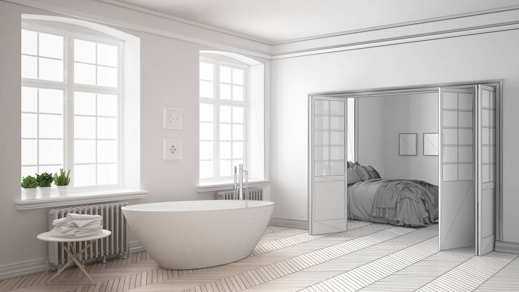 极简主义白色浴室和卧室中的未完成的项目 极简主义白色浴室和卧室中的未完成的项目