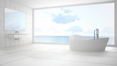 未完成的項(xiàng)目的極簡(jiǎn)主義浴室配有大全景贏