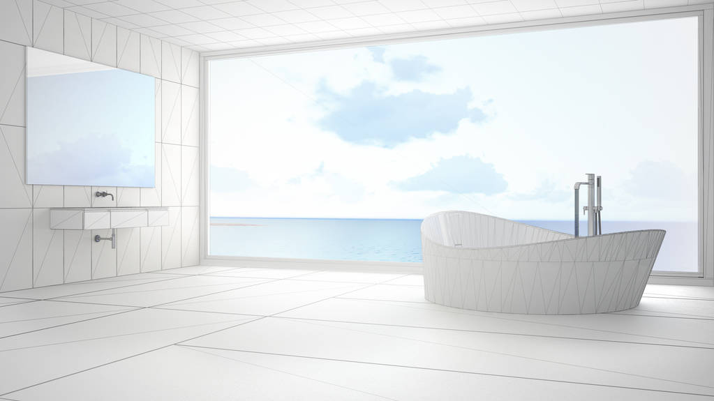 未完成的项目的极简主义浴室配有大全景赢 未完成的项目的极简主义浴室配有大全景赢