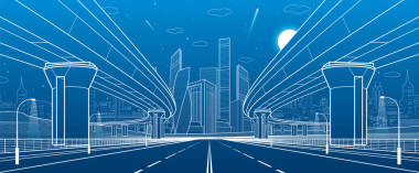 路立交橋。大公路。交通橋。城市基礎(chǔ)設(shè)施，在背景下，工業(yè)建筑的現(xiàn)代城市。塔和摩天大樓。白線圖中，矢量設(shè)計藝術(shù)