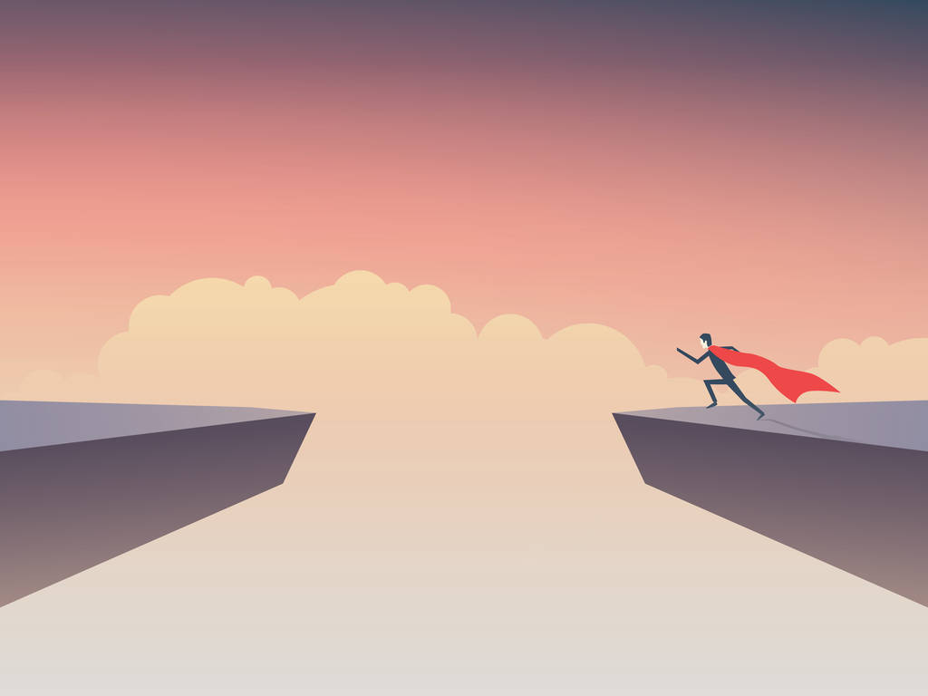 商业超级英雄商人跑去跳过差距之间两个悬崖 商业超级英雄商人跑去跳过差距之间两个悬崖