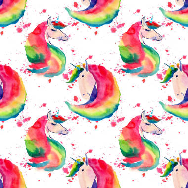 明亮的可愛(ài)可愛(ài)童話神奇炫彩花紋的獨(dú)角獸上紅色噴霧背景水彩手圖。完美的問(wèn)候和生日卡片，婚禮，邀請(qǐng)，紡織品設(shè)計(jì)