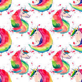 明亮的可爱可爱童话神奇炫彩花纹的独角兽上红色喷雾背景水彩手图。完美的问候和生日卡片，婚礼，邀请，纺织品设计