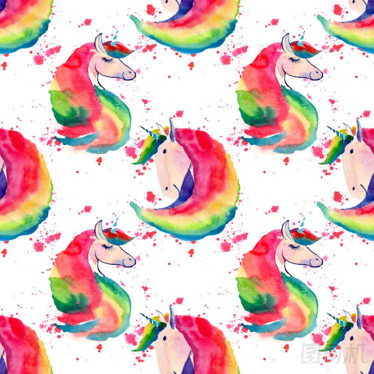 明亮的可愛可愛童話神奇炫彩花紋的獨角獸上紅色噴霧背景水彩手圖。完美的問候和生日卡片，婚禮，邀請，紡織品設計