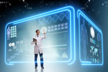 醫(yī)生在未來的醫(yī)學(xué)概念按下按鈕