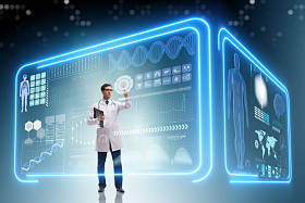 医生在未来的医学概念按下按钮