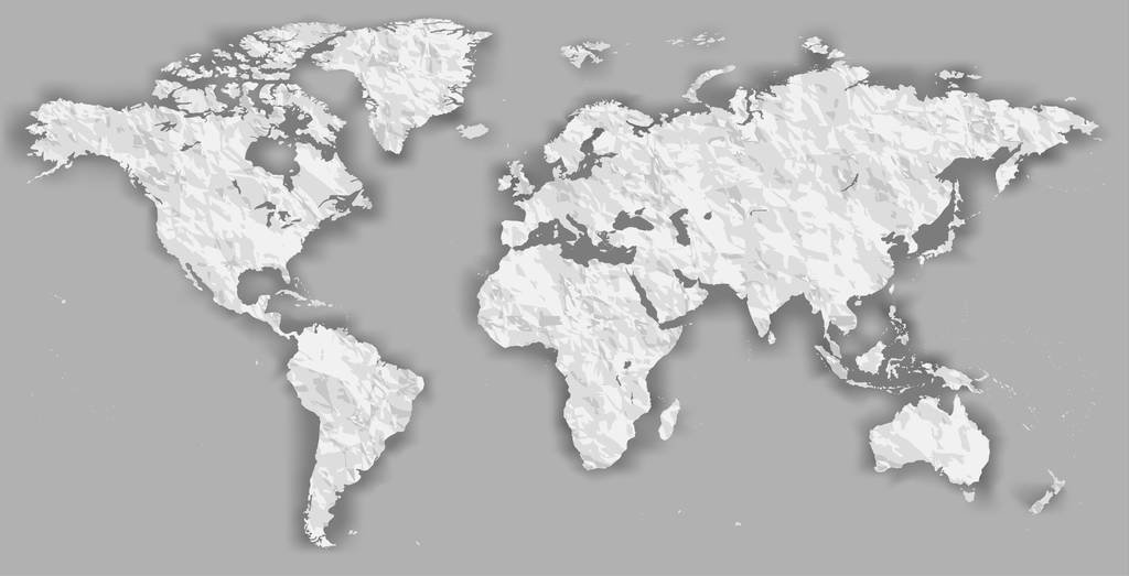 矢量空白撕裂弄皱的纸剪出白色剪影类似世界地图单色世界地图模板网站设计图表。详细的地球的平面图形，插图黑色，灰色的背景