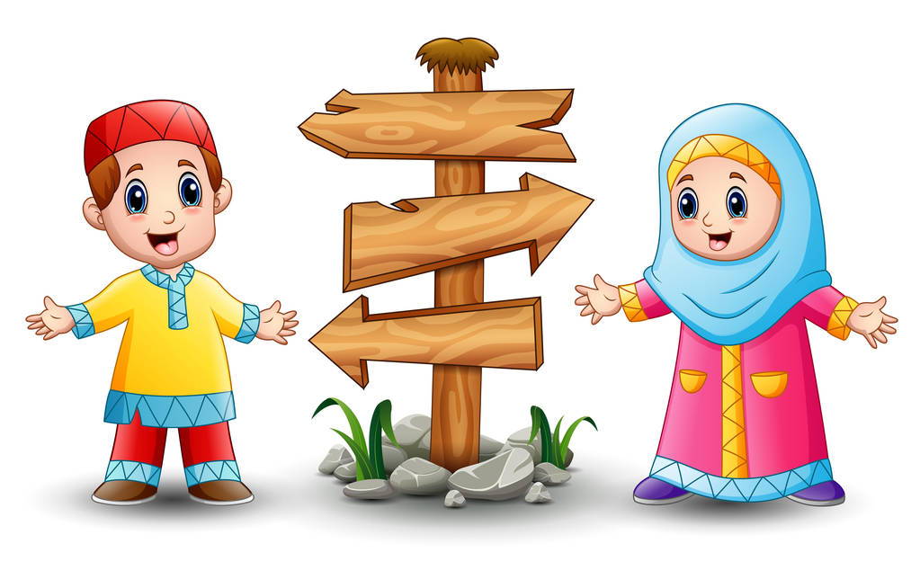 与空白木材箭头标志穆斯林孩子卡