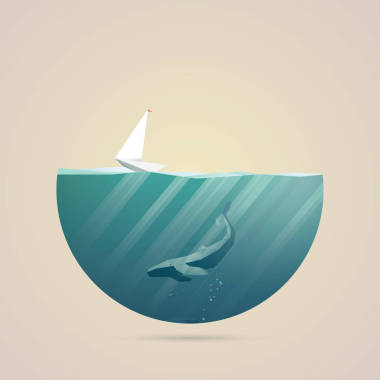 夏季假日概念圖與海景在一些充滿異國(guó)情調(diào)的位置。帆船或游艇作為旅行和冒險(xiǎn)的象征。鯨在水下。多邊形的風(fēng)