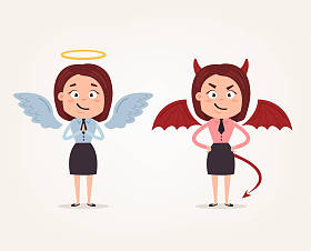 天使和魔鬼业务女人办公室工人字符。好与坏。矢量平面卡通插画