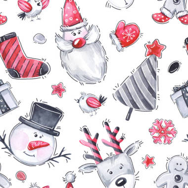水彩的無縫新年模式。圣誕可愛的卡通元素和字符