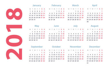 周一，矢量日历设计 2018 年日历 2018 开始