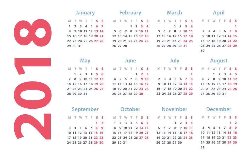 周一，矢量日历设计 2018 年日历 2018 开始