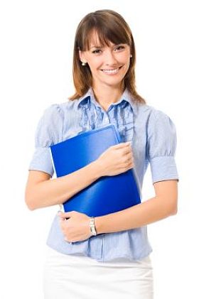 文件、 孤立的幸福微笑开朗的年轻商业女人