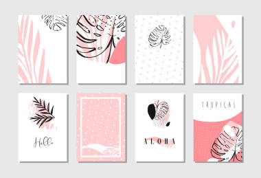 手绘矢量抽象艺术写意纹理不寻常卡集的模板集合与热带棕榈树叶在柔和的颜色，白色背景上孤立