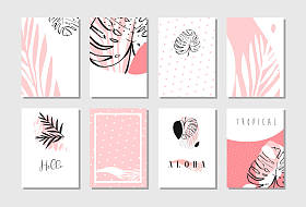 手绘矢量抽象艺术写意纹理不寻常卡集的模板集合与热带棕榈树叶在柔和的颜色，白色背景上孤立