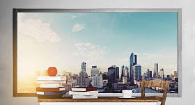 木桌和市视图背景的书，书图片