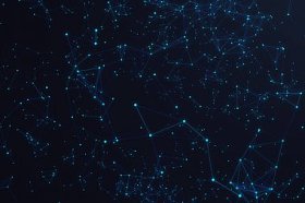 技术连接未来型、蓝点网络、抽象背景、蓝色背景、网络概念、网络通信、3d 渲染