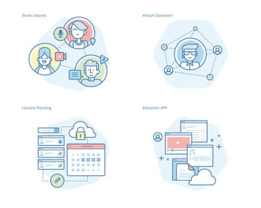 教师的概念线图标在线教育、 应用程序、 虚拟课堂、 教育网络、 讲座一套