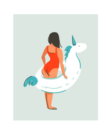 手工绘制的矢量抽象可爱夏天时的乐趣与独角兽浮动橡胶环隔离在蓝色背景上海滩年轻女孩图