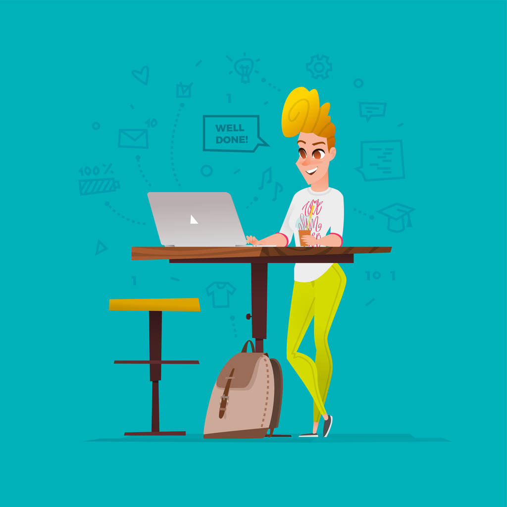 卡通女商人笔记本电脑上工作 卡通女商人笔记本电脑上工作