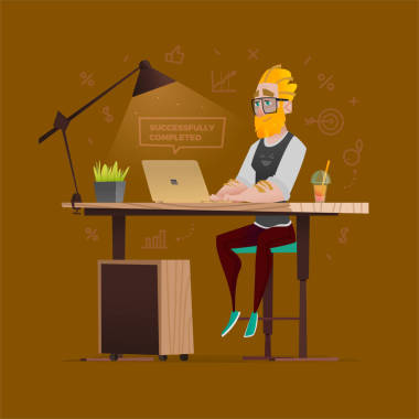 卡通商人筆記本電腦上工作