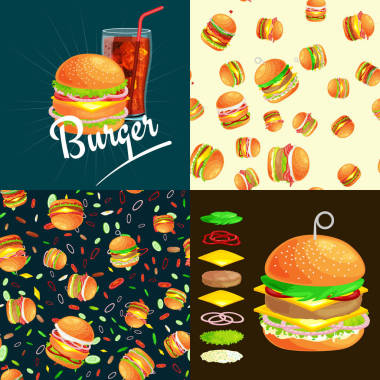 一整套漢堡烤牛肉和新鮮的蔬菜涼拌醬包零食、 美國漢堡包快餐燒烤肉一餐漢堡包 vecor 插圖背景番茄芝士面包