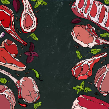 框架與肉類產(chǎn)品。餐館的菜單或屠夫店模板。牛排、 羊肉、 豬肋排。上一個(gè)黑色的黑板背景孤立的矢量圖?，F(xiàn)實(shí)的手繪涂鴉風(fēng)格素描