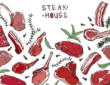 框架与肉类产品。餐馆的菜单或屠夫店模板。牛排、 羊肉、 猪肋排。孤立在白色背景上的矢量图。现实的手绘涂鸦风格素描