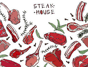 框架与肉类产品。餐馆的菜单或屠夫店模板。牛排、 羊肉、 猪肋排。孤立在白色背景上的矢量图。现实的手绘涂鸦风格素描