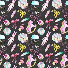 宝贝女孩淋浴元素水彩 （玩具、 独角兽、 气球、 彩虹、 奶嘴、 羽毛等无缝模式)