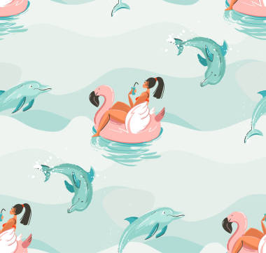 手繪制的矢量抽象可愛夏季時間無縫模式與粉紅色的火烈鳥浮圈和海豚在藍(lán)色的海水中游泳的海灘女孩波浪紋理背景
