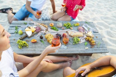夏季海滩野餐喝玫瑰酒的年轻朋友