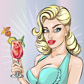 把性感比基尼模特与鸡尾酒，夏天看女人画像，矢量插图钉