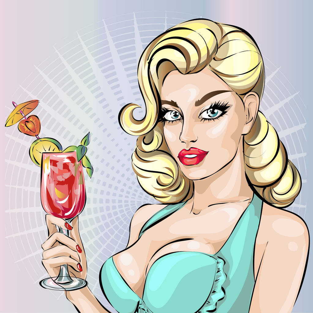 把性感比基尼模特与鸡尾酒,夏天看女人画像,矢量插图钉 把性感比基尼模特与鸡尾酒,夏天看女人画像,矢量插图钉