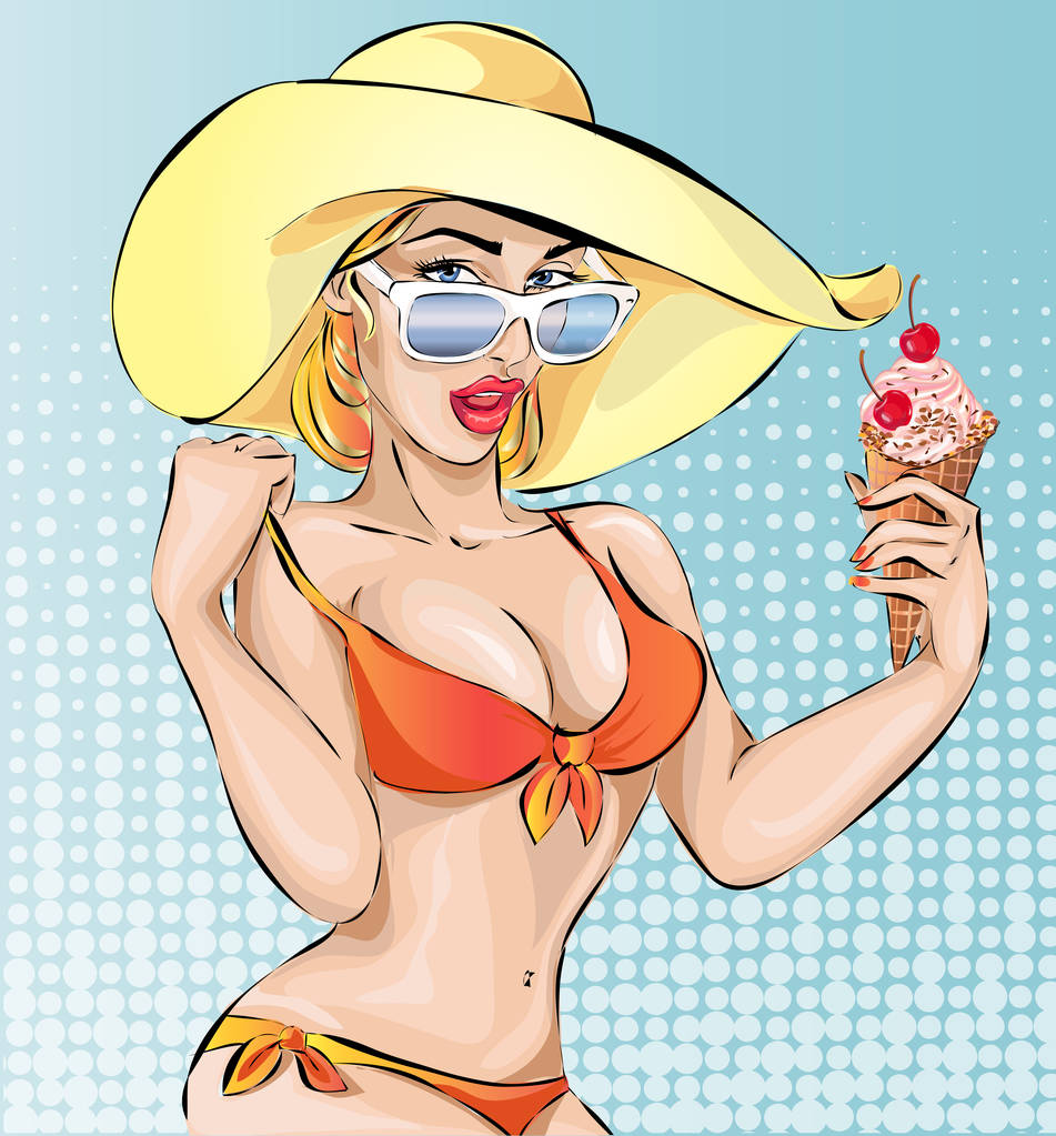 冰激淋上海滩,手绘制矢量的香艳性感比基尼女人 冰激淋上海滩,手绘制矢量的香艳性感比基尼女人