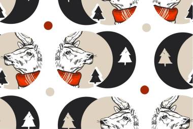 手绘矢量抽象的古老的圣诞无缝图案，有红色围巾的图形驯鹿和圆点形状的圣诞树。寒假图案概念。波尔卡圆点图案。纸包