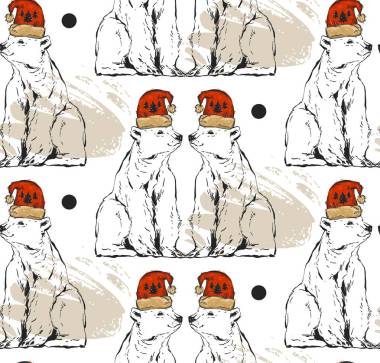 手绘矢量抽象圣诞无缝模式与北极白色北极熊在红色的圣诞帽孤立在白色背景。织物和包装纸模式。日记功能元素