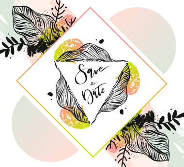 手繪矢量抽象現(xiàn)代熱帶簡(jiǎn)約與異國(guó)風(fēng)情的棕櫚葉蠟筆顏色保存日期卡模板。婚禮，結(jié)婚，保存日期、 嬰兒淋浴新娘、 生日