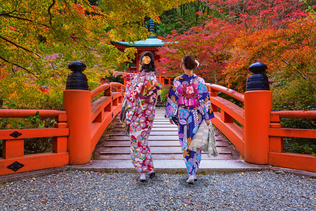 在传统的日本和服,走在京都,日本妇女 在传统的日本和服,走在京都,日本妇女