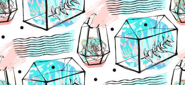 水晶球無(wú)縫模式。肉質(zhì)植物紋理。手繪簡(jiǎn)約的插圖。斯堪的納維亞設(shè)計(jì)與花卉和幾何元素