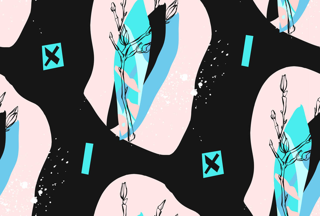 手工制作矢量抽象质感时尚创意拼贴无缝模式在蒂芙尼蓝颜色分离与不同的纹理和形状的白色背景上。现代平面设计。不寻常